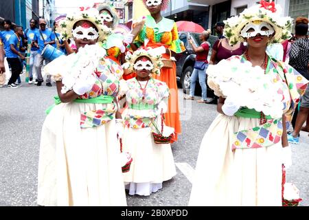 Port Of Spain, Trinidad, TT. 21st Feb, 2020. Traditional carnival characters took to the streets of Port of Spain, Friday, 21 February 2020 for a noon-time parade in one of many events leading up to carnival which will be on 24th. and 25th. February 2020. Credit: G. Ronald Lopez/ZUMA Wire/Alamy Live News Stock Photo