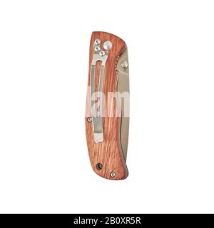 Folding knife with wooden handle, with its blade closed, isolated on white background. Stock Photo