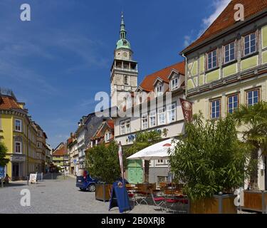 Kornmarkt with Marktkirche St. Boniface in Bad Langensalza, Thuringia, Germany, Stock Photo