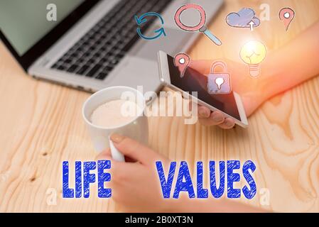 Writing note showing Life Values. Business concept for things that you believe are important in the way you live Stock Photo