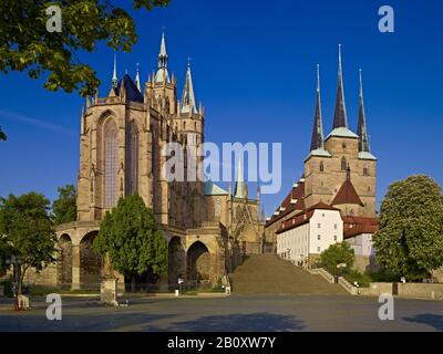 St. Mary's Cathedral and Severikirche on Domplatz in Erfurt, Thuringia, Germany, Stock Photo