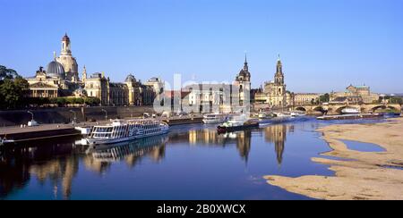 Elbe panorama on the Brühlsche Terrasse with Hofkirche and Semperoper in Dresden, Saxony, Germany, Stock Photo