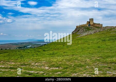 landscape of Enisala and citadel Cetatea Enisala, Romania, Dobrudscha, Tulcea Stock Photo