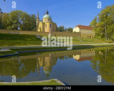 Evangelical Church of the Holy Cross with monastery garden in the Neuzelle Monastery, Brandenburg, Germany, Stock Photo