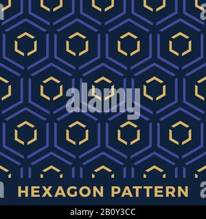 Seamless hexagon arrow vector seamless pattern. denim blue and gold trilateral arrows isometric pattern vector. Stock Vector