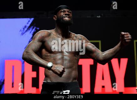 Deontay Wilder during the weigh in at the MGM Grand Garden Arena, Las Vegas. Stock Photo