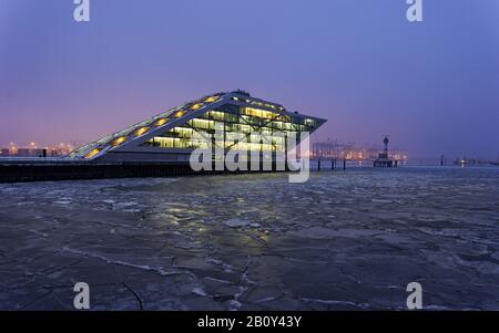 Dockland office building with ice floes on the Elbe, Hamburg, Germany, Stock Photo