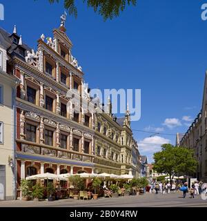 Fish market, Haus zum Breiten Herd and Gildehaus with restaurants, Erfurt, Thuringia, Germany, Stock Photo