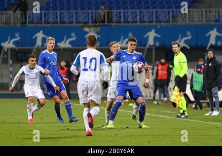 Kyiv, Ukraine - February 12, 2020: FC Dynamo Kyiv U19 (in White) and Dinamo Zagreb U19 (in Black) players fight for a ball during their UEFA Youth League game at Lobanovskiy stadium in Kyiv Stock Photo