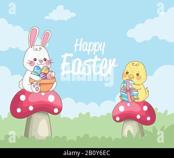 happy easter card with rabbit and chick in fungus Stock Vector