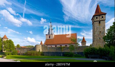 Kennel tower of the fortified church in Ostheim before the Rhön, Rhön grave field, Lower Franconia, Bavaria, Germany, Stock Photo