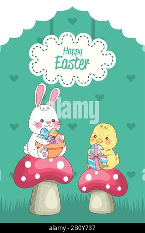 happy easter card with rabbit and chick in fungus Stock Vector