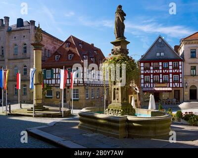 Johannesbrunnen and honorary column on Melchior-Otto-Platz, Kronach, Upper Franconia, Bavaria, Germany, Stock Photo