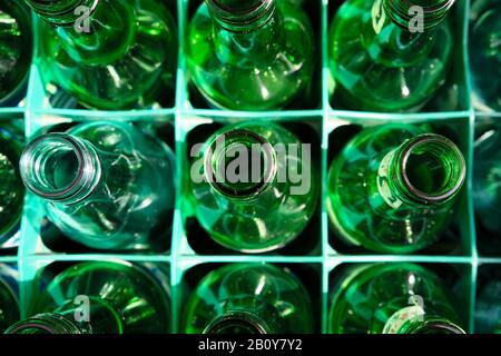 A shot of empy glass bottles ready to be recycled. Stock Photo