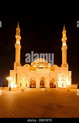 Al Noor Mosque, night photograph, Corniche Street, Emirate of Sharjah, United Arab Emirates, Middle East, Asia, Stock Photo