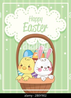 happy easter card with rabbit and chick in basket Stock Vector
