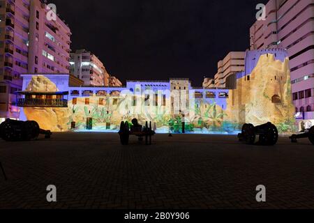 Video projection desert onto the AL HISN Fort, museum, Sharjah Light Festival, Emirate of Sharjah, United Arab Emirates, Middle East, Asia, Stock Photo