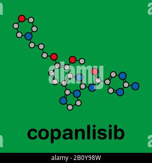 Copanlisib cancer drug molecule (PI3K inhibitor). Stylized skeletal ...