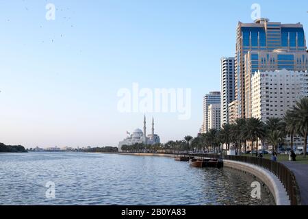 Sunset on creek, Al Noor mosque, Emirate of Sharjah, United Arab Emirates, Stock Photo