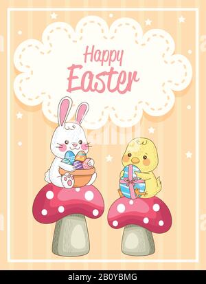 happy easter card with rabbit and chick in fungus Stock Vector