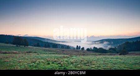 View of the valley in the morning near Neuhaus am Rennweg, Sonneberg County, Thuringian Forest, Thuringia, Germany, Stock Photo