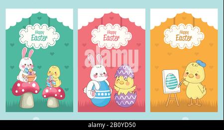 happy easter card with baby chicks and rabbits group Stock Vector