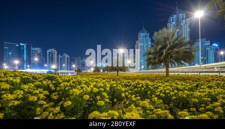 Flowers and palm trees on a traffic island of a traffic junction of Sheikh Zayed Road at night, Marina, New Dubai, UAE, Stock Photo