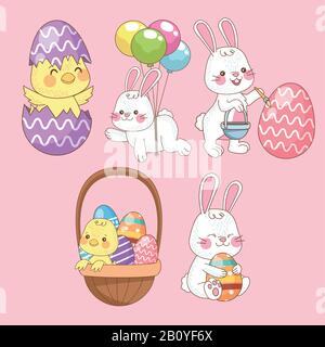 happy easter card with baby chicks and rabbits group Stock Vector