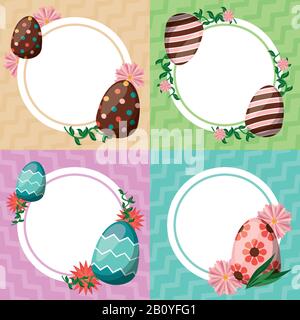 happy easter card with egg painted circular frames Stock Vector