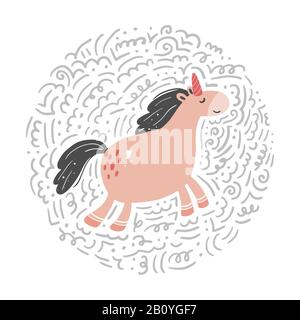 Unicorn of simple trendy cartoon style with elements. Unicorn of pink color for kids and magic textile, bag, t-shirt design. Isolated vector illustration. Stock Vector