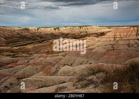 SD00186-00...SOUTH DAKOTA - View of layered buttes and the Badlands Loop Road from Big Foot Pass Overlook in Badlands National Park. Stock Photo