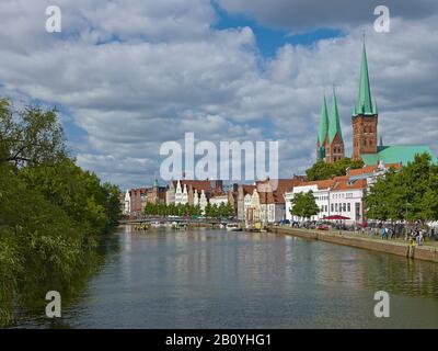 Panoramic view over the Obertrave to the Church of St. Mary and St. Peter, Hanseatic City of Luebeck, Schleswig-Holstein, Germany, Stock Photo