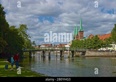 Panoramic view over the Obertrave to the Church of St. Mary and St. Peter, Hanseatic City of Luebeck, Schleswig-Holstein, Germany, Stock Photo