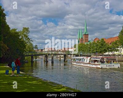 Panoramic view over the Obertrave to the Church of St. Mary and St. Peter, Hanseatic City of Luebeck, Schleswig-Holstein, Germany, Stock Photo