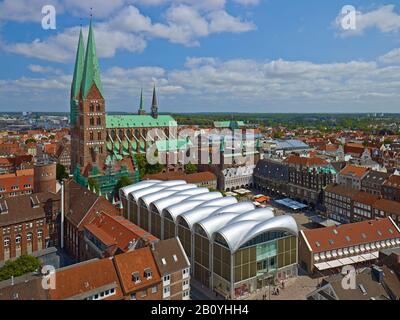 Panoramic view to St. Mary's Church and market with town hall, Hanseatic City Lübeck, Schleswig-Holstein, Germany, Stock Photo