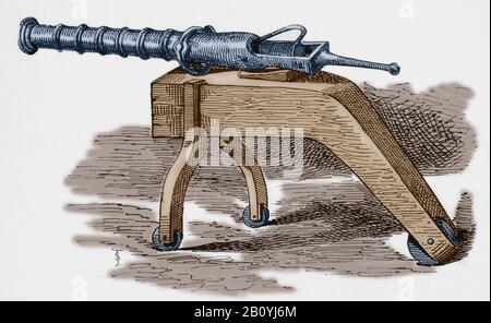Falconet or falcon. Light cannon developed in the late 15th century. Engraving. Museo Militar, 1883. Later colouration. Stock Photo