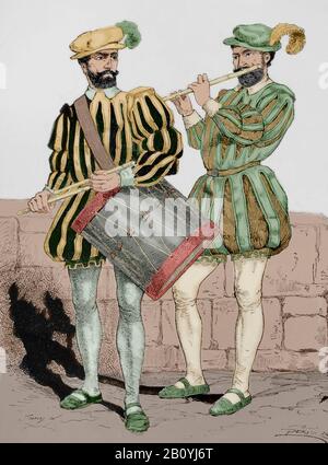 Modern age. Spanish infantry. Fife (small flute) and drum. Engraving. Museo Militar, 1883. Later colouration. Stock Photo
