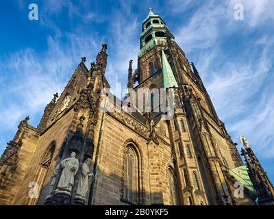 Marienkirche also cathedral in Zwickau with Luther and Melanchthon, Saxony, Germany, Stock Photo