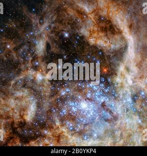 Tthe central region of the Tarantula Nebula in the Large Magellanic Cloud. The young, dense star cluster R136 can be seen in lower right corner. Stock Photo