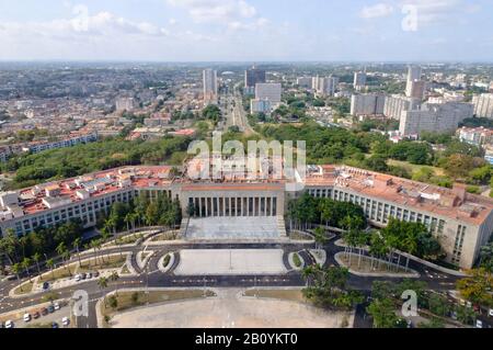 View from the José Martí Monument in south direction over the seat of the Central Committee of the Cuban Communist Party, Plaza de la Revolucion, Havana, Cuba, Caribbean, Stock Photo