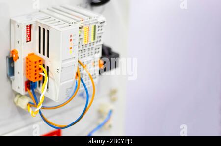 fieldbus coupler is for use for a small data width in the process image to digital process data. ; digital engineering background Stock Photo