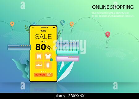 Business concept of online shopping, display of smartphone contains discount up to 80%, list of products, customer rating and review. Stock Vector