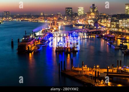 View from the Elbphilharmonie on harbor with Überseebrücke, Hamburg, Germany Stock Photo