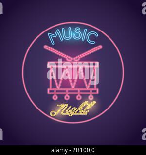 drum musical instrument neon lights Stock Vector