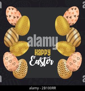 happy easter card with lettering and golden eggs painted Stock Vector