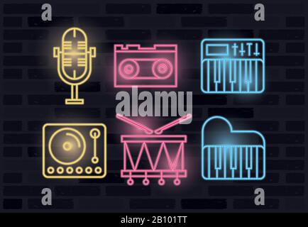 bundle of icons neon lights Stock Vector