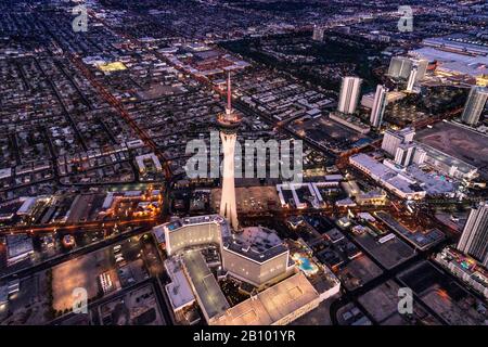 Stratosphere Tower, aerial photography from helicopter at dusk, Las Vegas, Nevada, USA Stock Photo