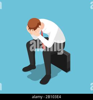 Flat 3d isometric depressed businessman facepalm or cover his face by hands sit on business briefcase. Business failure and fired concept. Stock Vector