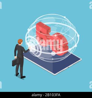 Flat 3d isometric businessman touching 5G network sign on tablet screen. 5G hi speed network wireless systems and IoT internet of thing concept. Stock Vector