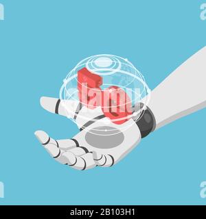 Flat 3d isometric Ai artificial intelligence robot hand holding virtual wolrd and 5g icon. 5G network wireless systems and IoT internet of thing conce Stock Vector